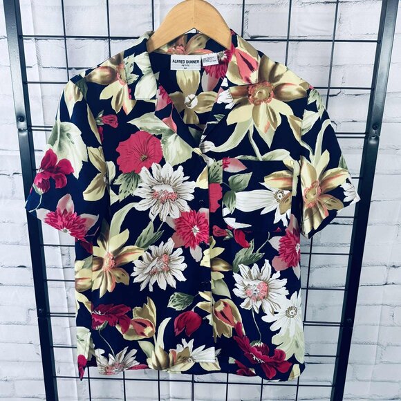 Alfred Dunner Floral Button-Up Blouse Navy Multicolor Size 6P - Picture 1 of 5